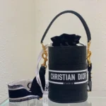 Black Cowhide Hollow Oblique Printed Bucket Bag Size 22cmx16cm