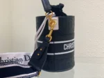 Black Cowhide Hollow Oblique Printed Bucket Bag Size 22cmx16cm - Image 8