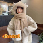 chanel香奈儿可爱毛绒绒小熊耳朵帽子围巾手套女冬季保暖护耳帽防寒骑车雷锋帽