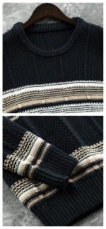 🆕- This knitted sweater weaves a Mediterranean breeze into the wardrobeWhen 10 cotton yarns and 46 blended yarns meet on a seven needle jacquard machine, the three yarns begin to weave a dialogue about material and color. Navy blue and navy blue cotton yarn have a rough and rustic feel, like the late night waters of the Adriatic Sea; The addition of 3.7% mulberry silk and wool in the light camel colored blended yarn gives the striped edges a subtle luster, reminiscent of the sparkling waves at sunset in Venice.When the weight of 580 grams is unfolded in the hand, one can feel the delicate balance between the stiffness of cotton and the softness of blended yarn. The vertical jacquard woven alternately with osmanthus needles and hanging needles forms a subtle texture on the navy blue background, resembling the outline of Venetian architecture seen through blinds. The white version is like a linen cloth sprinkled with sunlight, and the collision of the three materials is portrayed more clearly on a pure white canvas.The curvature of the round neck continues the elegant tradition of Italian tailoring, neither tightening the neck nor maintaining sharp lines. The contraction process of the hem keeps the hem of the garment firmly attached to the waist, and it will not move up whether you lift your hand or turn around. To support the muscles and bones with 10 strands of cotton yarn, to outline with delicate 46 strands of blended yarn, and to add luster and mulberry silk embellishment - this knitted sweater weaves the advantages of different materials into the same picture.The navy blue version paired with white pants is a classic Mediterranean style, while the white version paired with dark gray trousers can instantly switch to Milan style urban elegance. The intentions hidden in the texture of osmanthus needles, yarn blending, and precise weight all need to be personally felt in the cool autumn breeze to fully understand. While others are still struggling with the basic knitwear, this three layered jacquard sweater has already captivated the eyes of those who understand it with its sense of layering.In the current era of fast fashion proliferation, a blend knit that becomes softer and skin friendly with increasing wear is the truly worthwhile wardrobe evergreen tree to invest in. Jay Ya uses this piece to prove that a sophisticated sense of leisure allows every material to find the most comfortable expression in fabric.Color: White navy blue174-140 upper body size LSize: M-XXXL (48-56)Style number: FXZZ8688M size bust circumference 104 shoulder width 46.5 sleeve length 56 garment length 64.5Size L Chest circumference 108 Shoulder width 48 Sleeve length 57 Clothing length 66XL bust circumference 112 shoulder width 49.5 sleeve length 58 garment length 67.5XXL chest circumference 116 shoulder width 51 sleeve length 59 garment length 68.5XXXL bust circumference 120 shoulder width 52.5 sleeve length 60 garment length 69.5 - Image 7