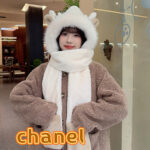 chanel香奈儿可爱毛绒绒小熊耳朵帽子围巾手套女冬季保暖护耳帽防寒骑车雷锋帽