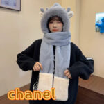 chanel香奈儿可爱毛绒绒小熊耳朵帽子围巾手套女冬季保暖护耳帽防寒骑车雷锋帽