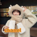 chanel香奈儿可爱毛绒绒小熊耳朵帽子围巾手套女冬季保暖护耳帽防寒骑车雷锋帽 - Image 2